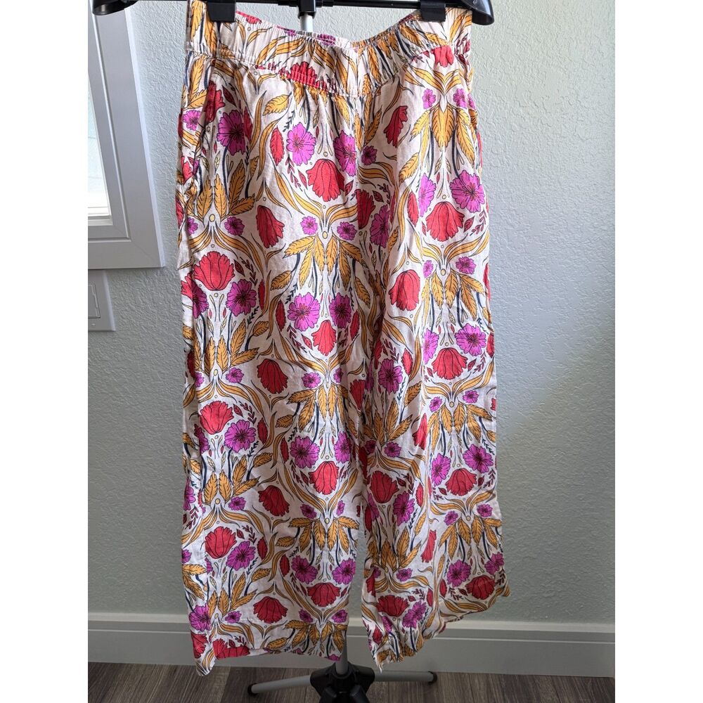 Rachel Zoe 100% Linen Flowy Baggy Wide Leg Floral Elastic Waist Pants Size M - Picture 2 of 4